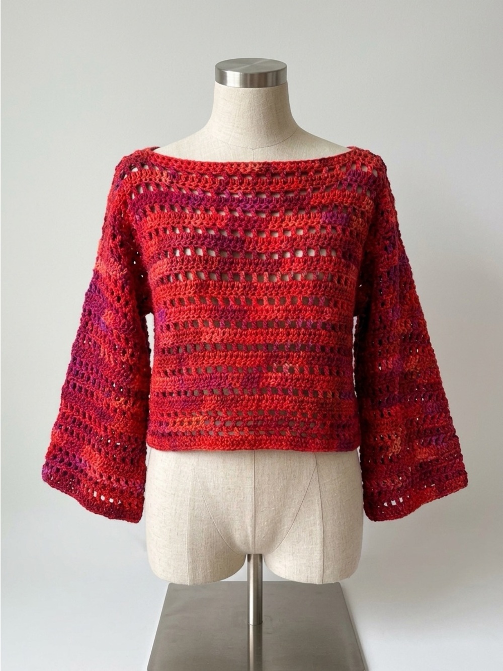 Hand Crafted boat neck Crochet Sweater in Red with Pink Accents